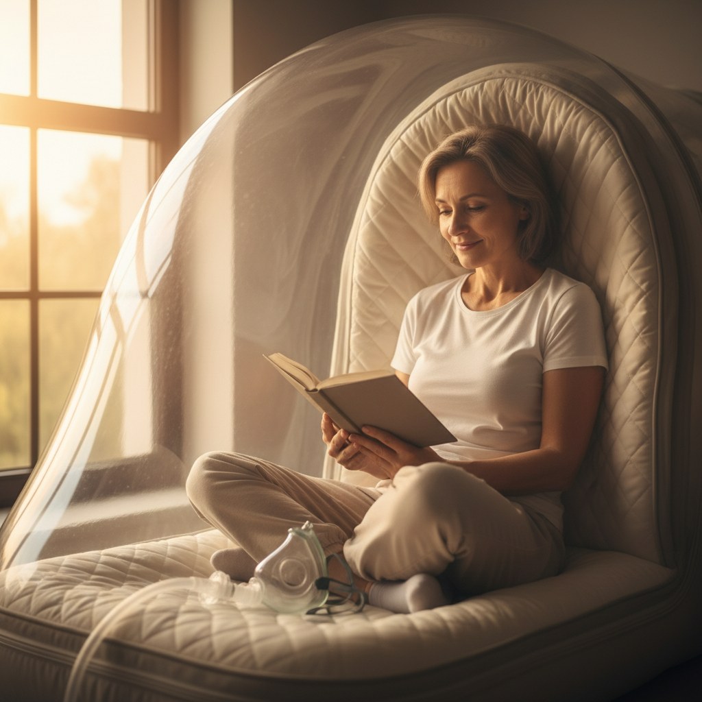 Adult patient relaxing inside a hyperbaric oxygen chamber during a Knoxville HBOT session